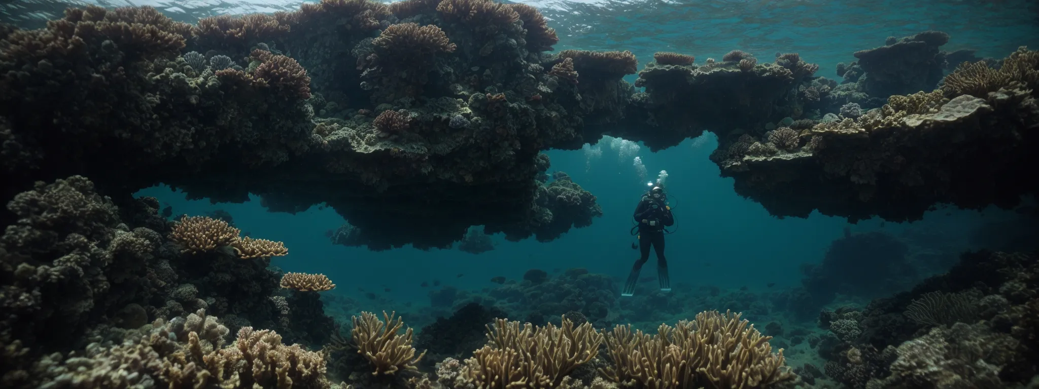 a diver poised above reef-infested waters, ready to plunge into the depths.