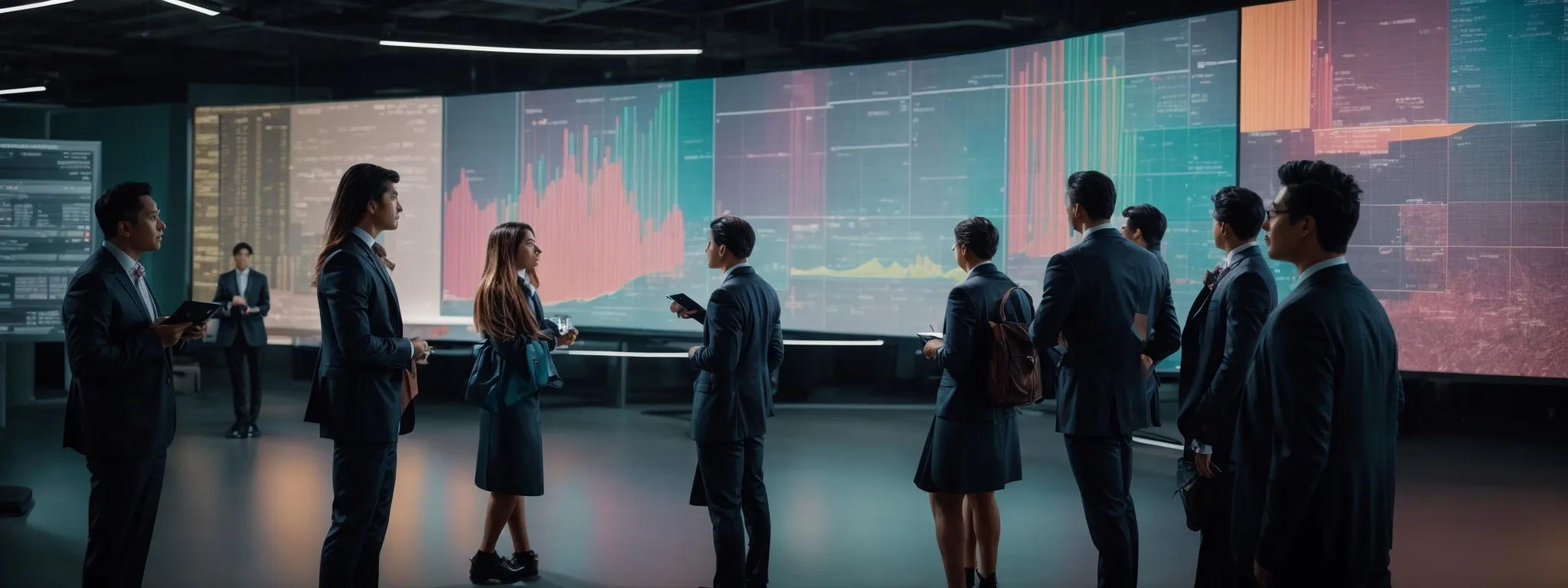 professionals gathered around a large screen displaying colorful analytics graphs while discussing marketing strategies.