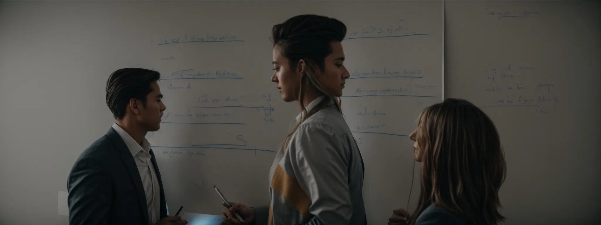 a man and woman highlighting key points on a whiteboard strategy session.