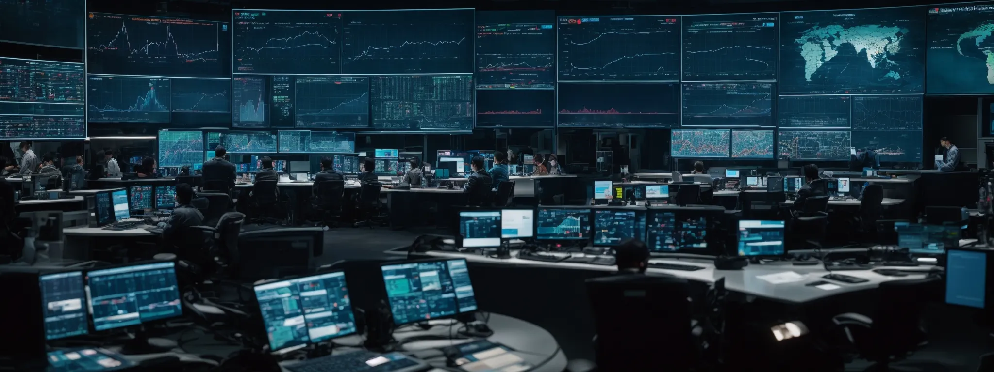 a futuristic control room with large screens displaying graphs and analytics, overseen by professionals engaged in strategic planning.