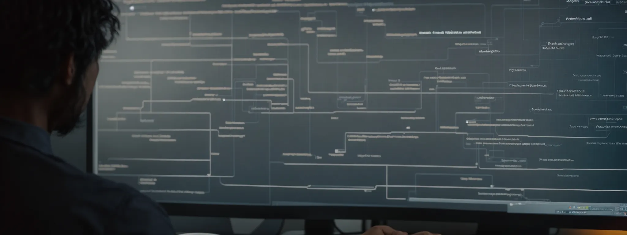 a web developer reviews a flowchart outlining website structure and content categories on a computer screen.