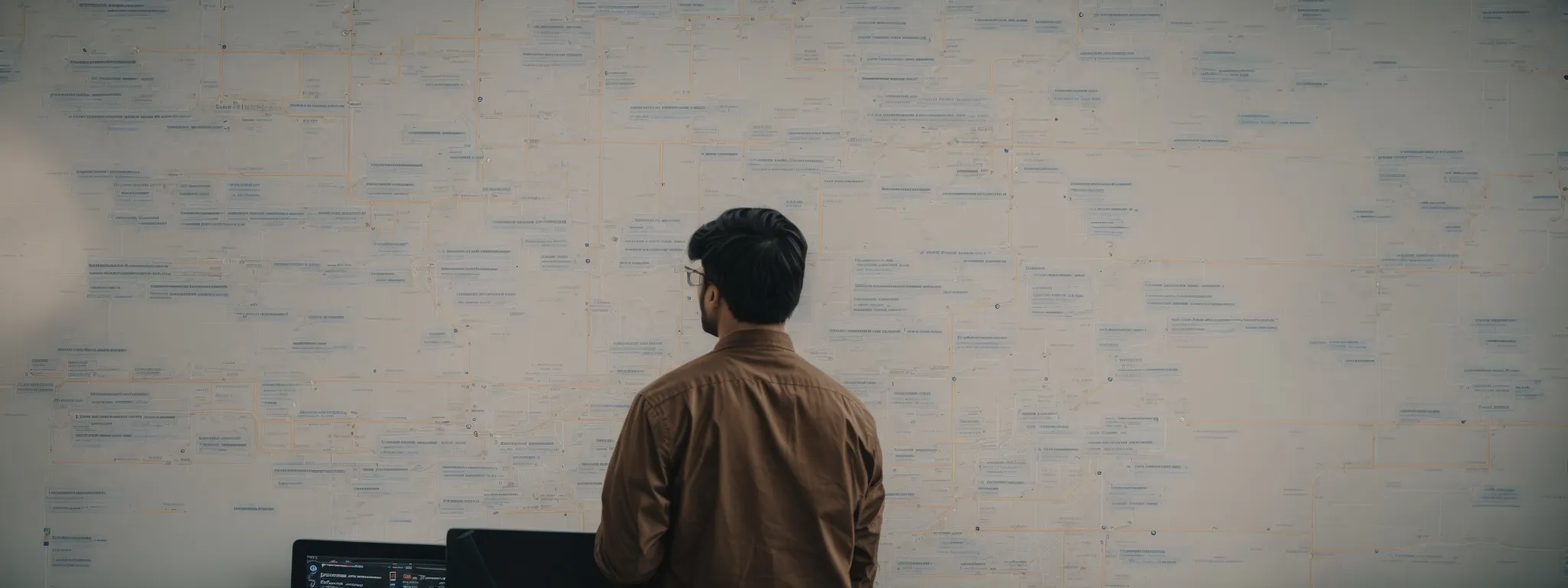 a web developer examines a flowchart illustrating a streamlined website infrastructure, highlighting interconnected webpages with clear pathways.