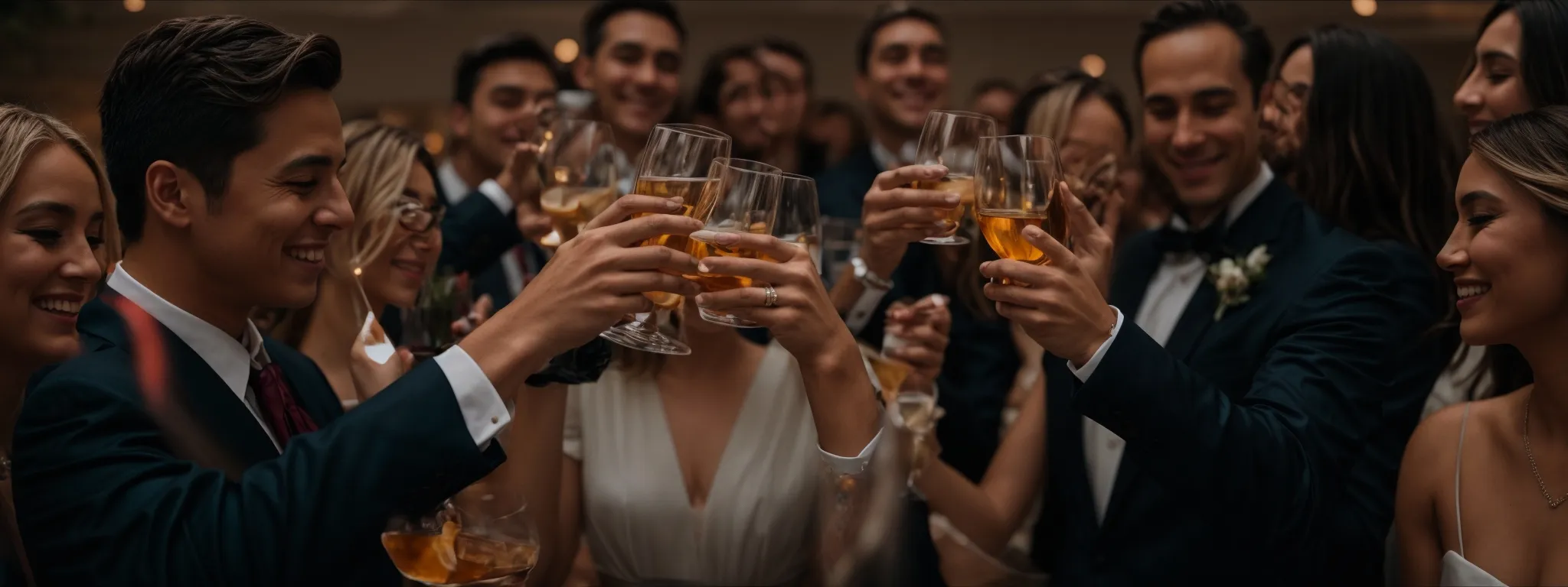 a group of professionals clinking glasses in a toast during a celebratory team event.