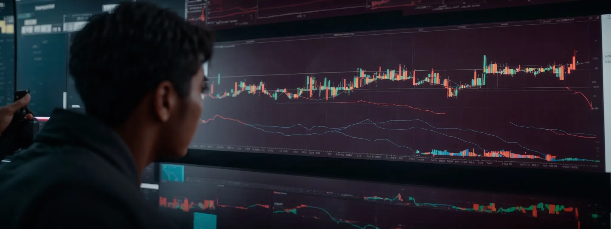a person expectantly gazes at a large, vibrant display screen showing a fluctuating graph chart indicative of market trends and digital analysis.