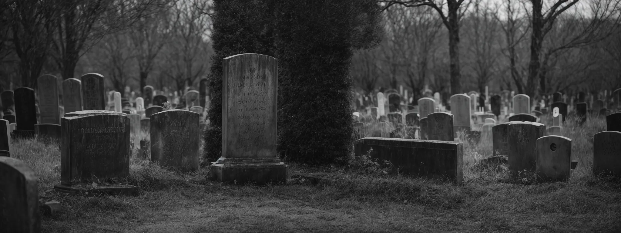 a monochromatic graveyard of dilapidated, obsolete web pages, with a gleaming ‘seo’ gravestone towering above.