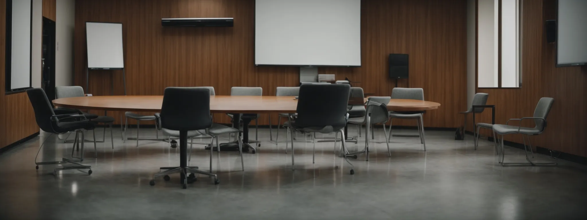 a conference room with a round table, empty chairs, and a whiteboard, awaiting a professional interview session.