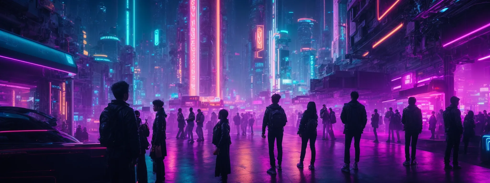 a futuristic cityscape bathed in neon lights with silhouettes of people interacting with advanced technology interfaces.
