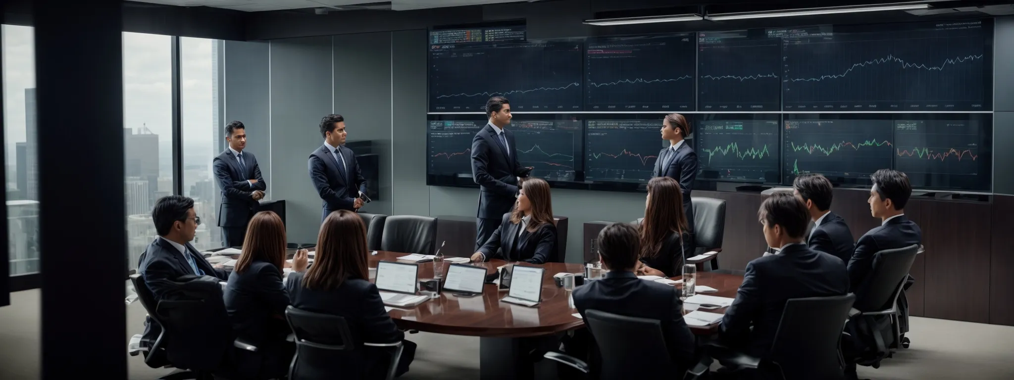 a panoramic view of a corporate boardroom with men and women in business attire, displaying graphs and charts on a large screen.
