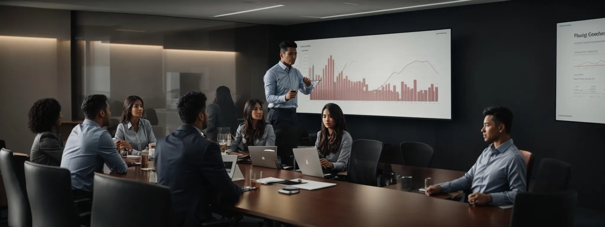 a conference room with a large screen displaying a graph while marketing professionals discuss strategies.