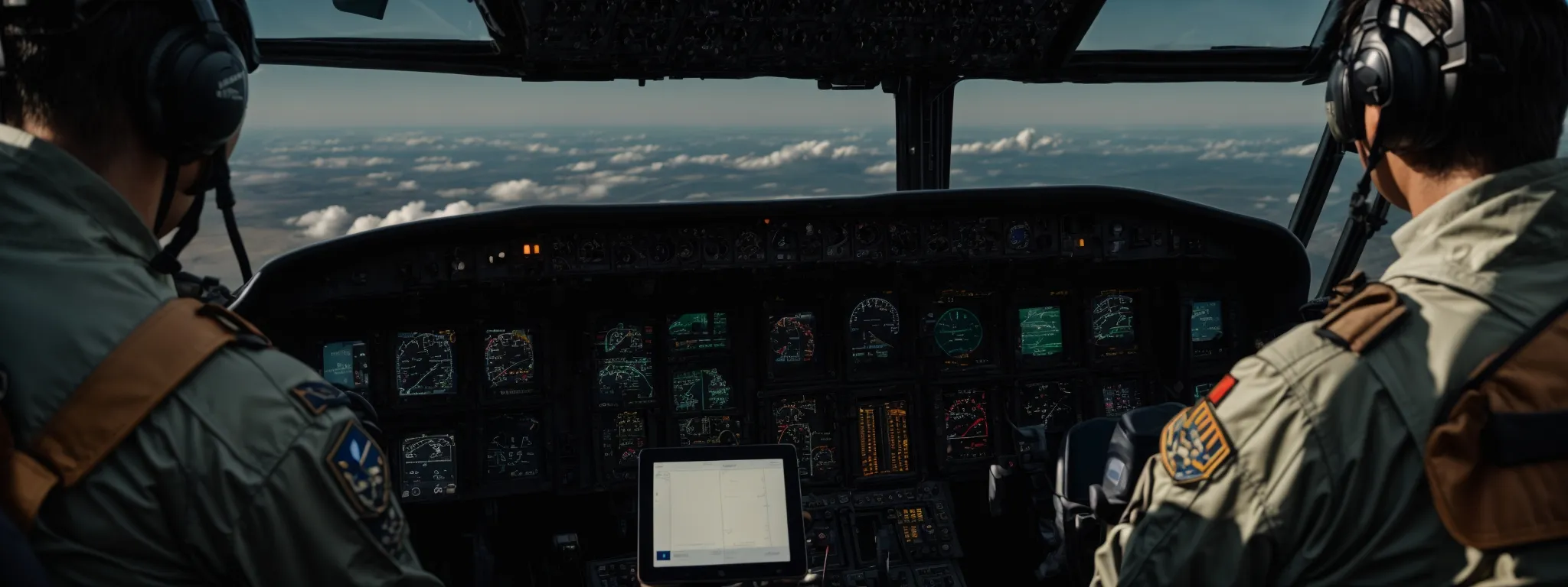 a pilot consults a digital tablet in the cockpit, symbolizing the aviation industry's adaptation to evolving seo tactics.