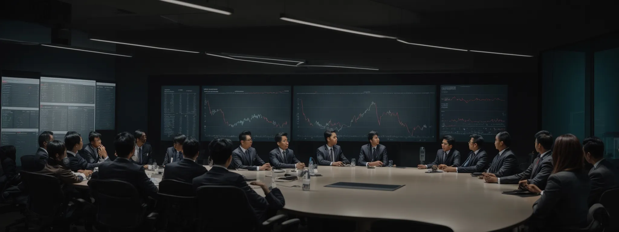 a team gathered around a conference table with a large screen displaying a graph showing upward growth.