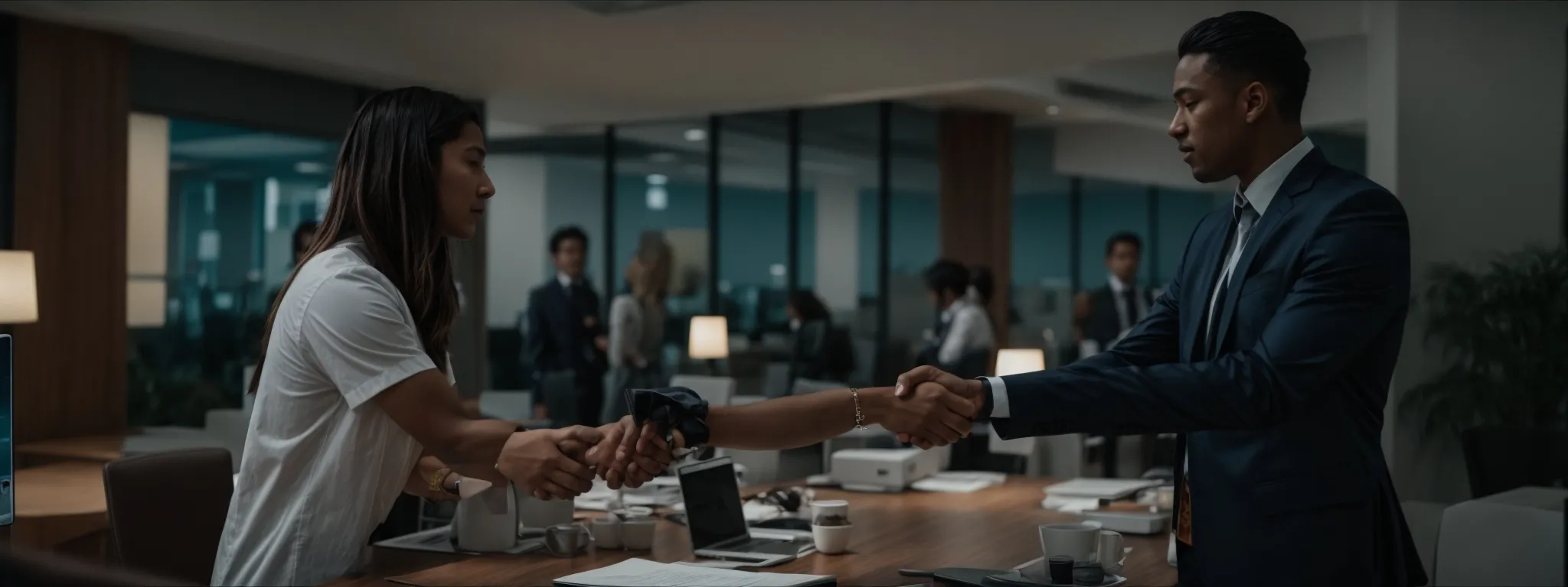 two professionals shaking hands across a table, solidifying a partnership, with a modern office surrounding suggesting a meeting of digital marketing minds.