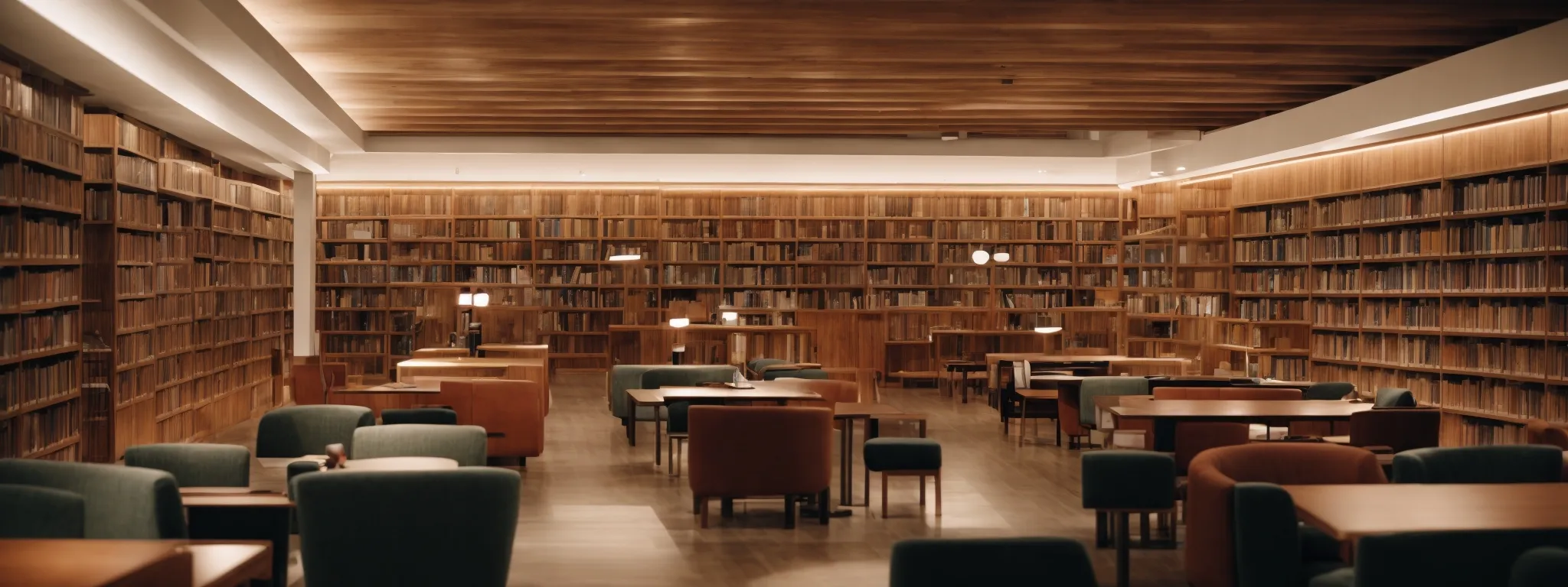 a spacious, modern library with rows of thick books neatly arranged on shelves and a large, inviting table with comfortable chairs under soft lighting, facilitating concentration and reading.