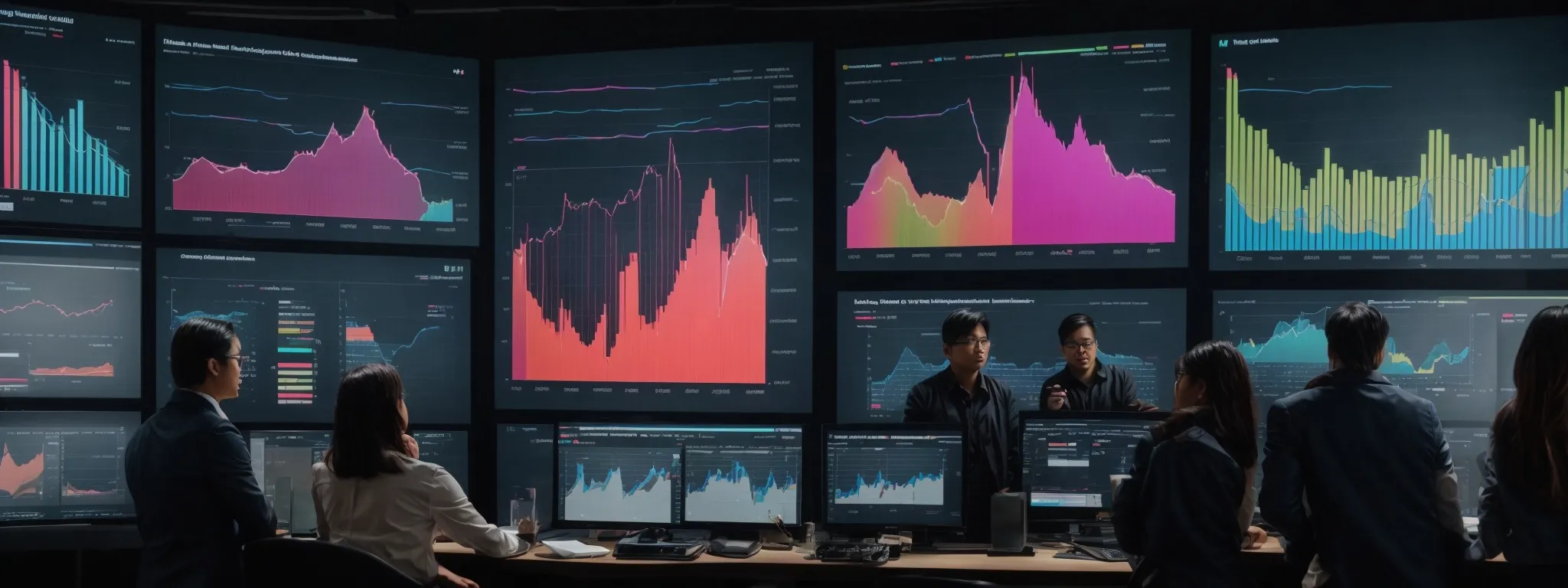 a digital marketing team reviews analytics on a large screen displaying colorful graphs and charts, signifying enhanced a/b testing capabilities.