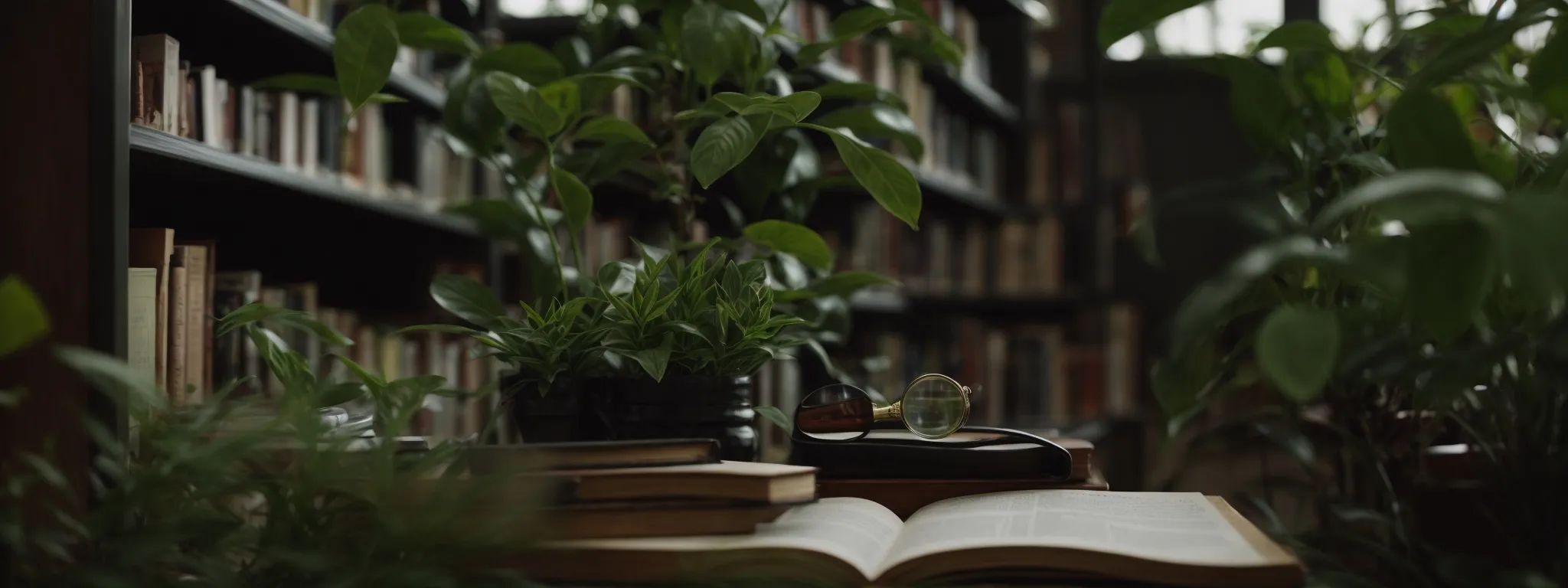 a library with an open book and magnifying glass on a table, surrounded by plants.