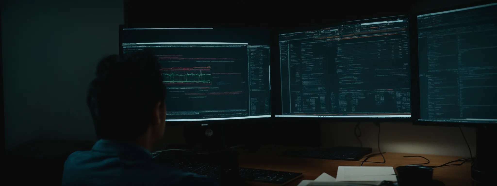 a person sitting in front of a computer, with seo analytics on the screen, starts the first deep web crawl.