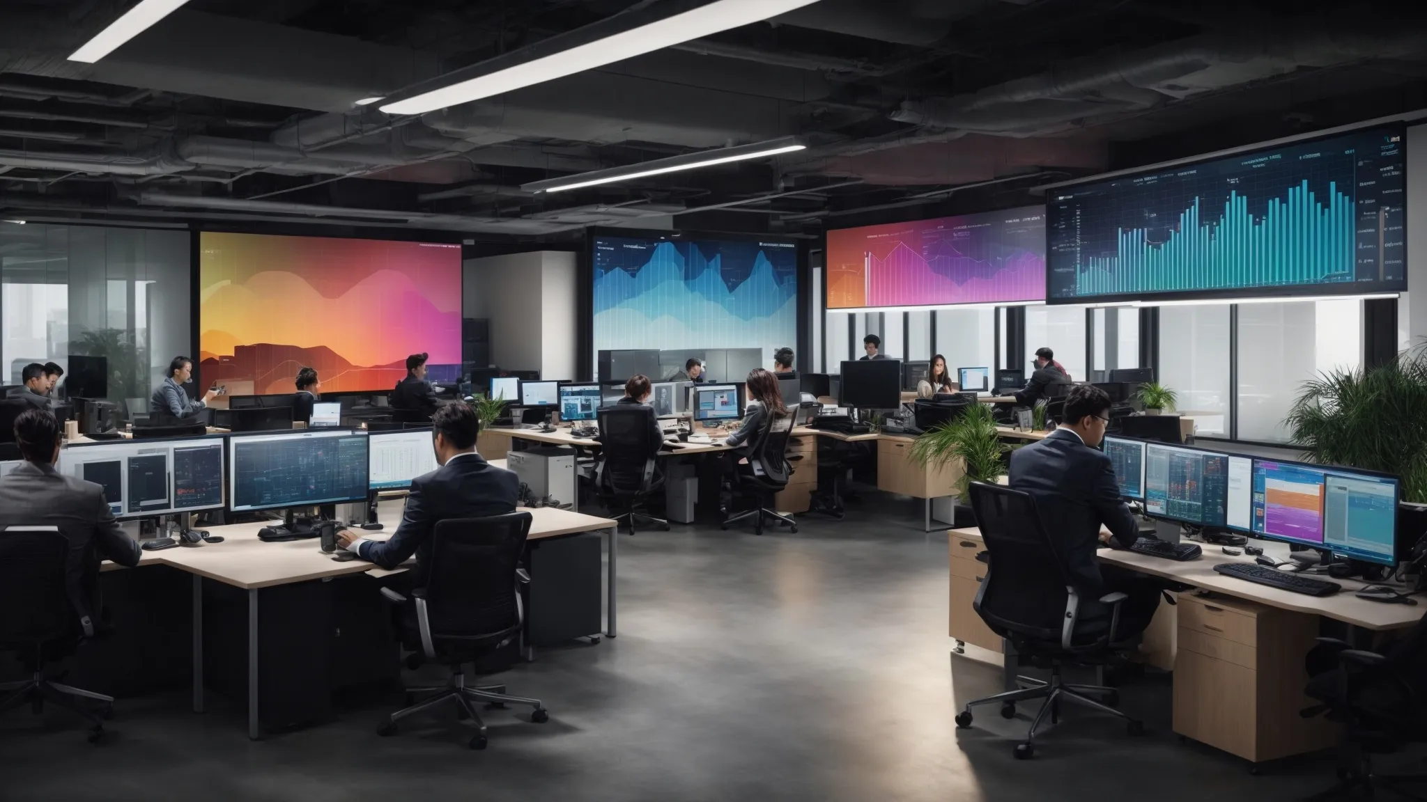 a modern office with a team clustered around computers displaying colorful graphs and marketing analytics.