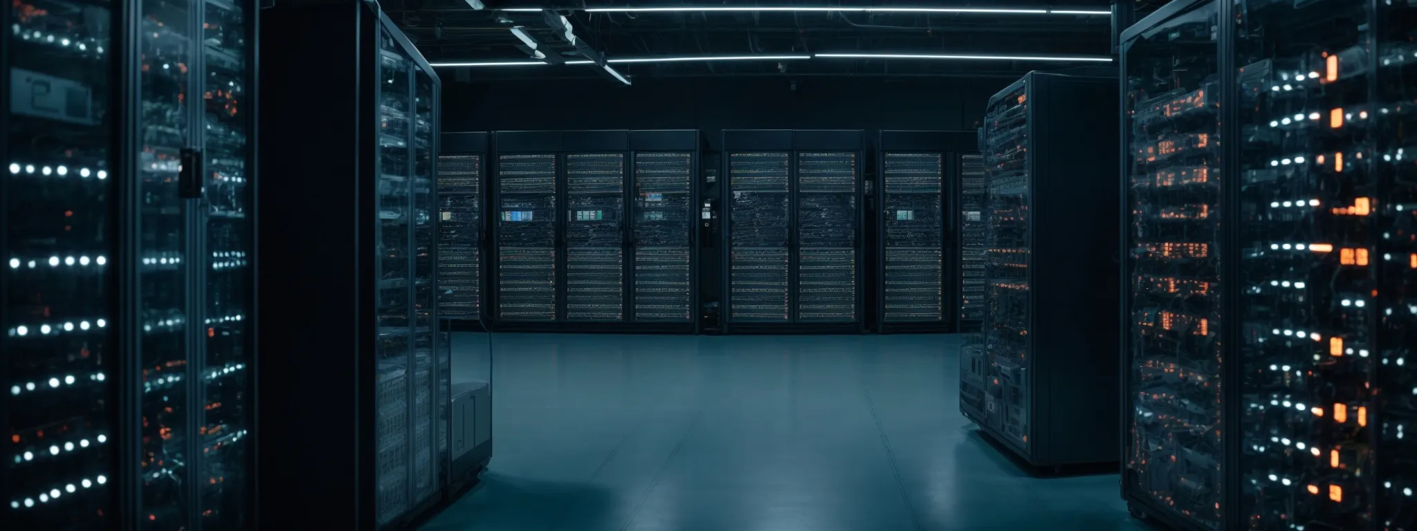 a server room with rows of computers and blinking lights indicative of ai-driven seo automation in progress.