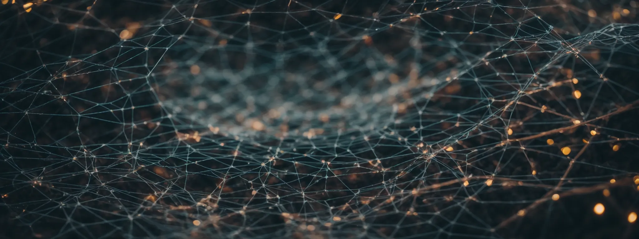 a magnifying glass hovering over a web of interconnected nodes, symbolizing the detailed analysis and strategy involved in harmonizing sem and seo.