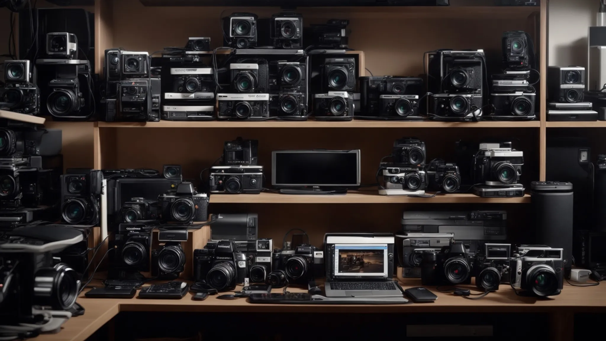 a wide array of professional cameras and editing software displayed on a polished workstation.