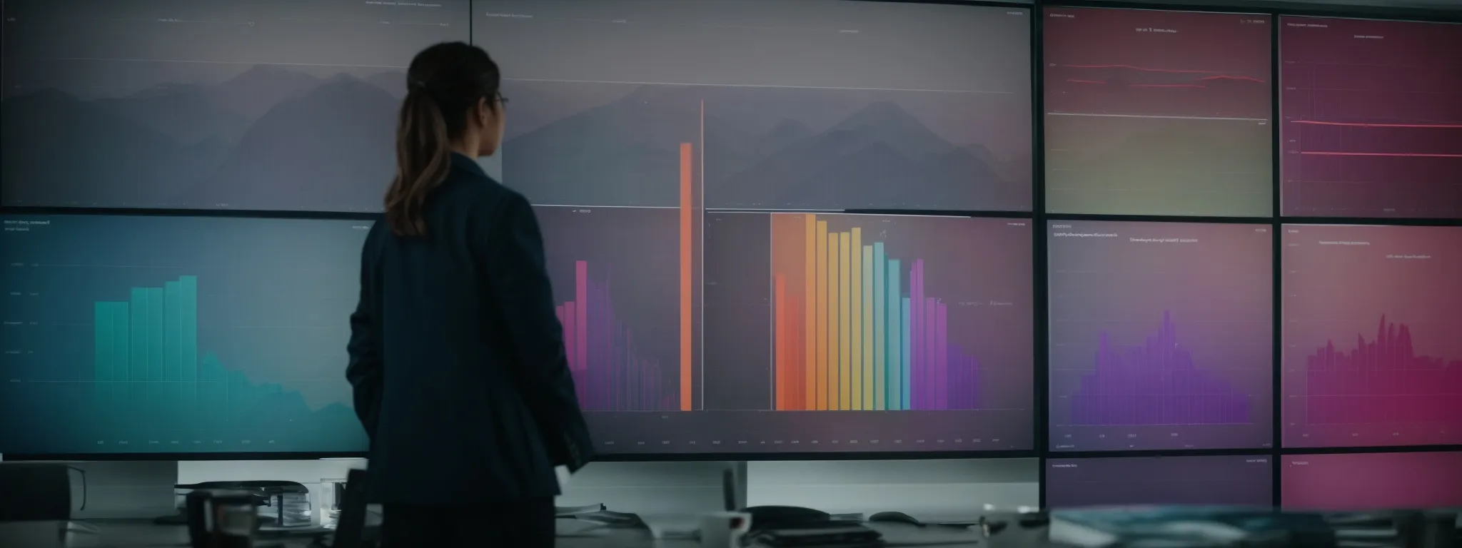 a person standing in front of a large screen displaying colorful bar graphs and pie charts, symbolizing data analysis in a modern office.