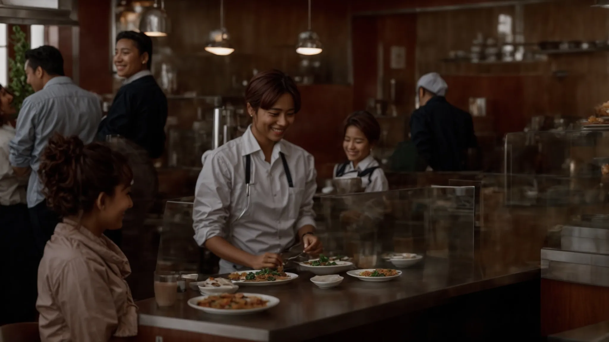 a bustling café where a server is smiling at a family while placing a dish on their table.