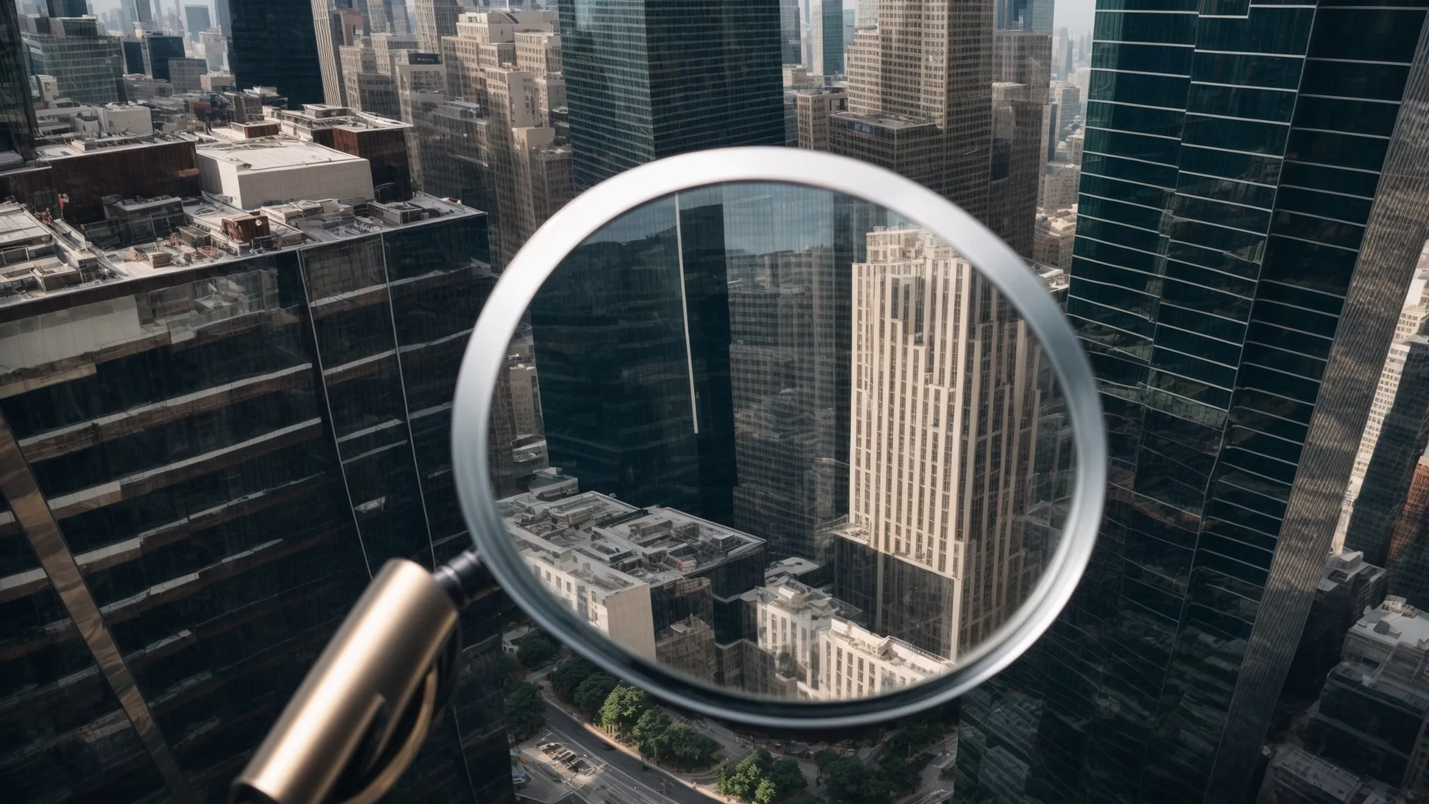 a panoramic view of skyscrapers representing corporate growth with a magnifying glass focused on one building, symbolizing detailed seo strategy analysis.