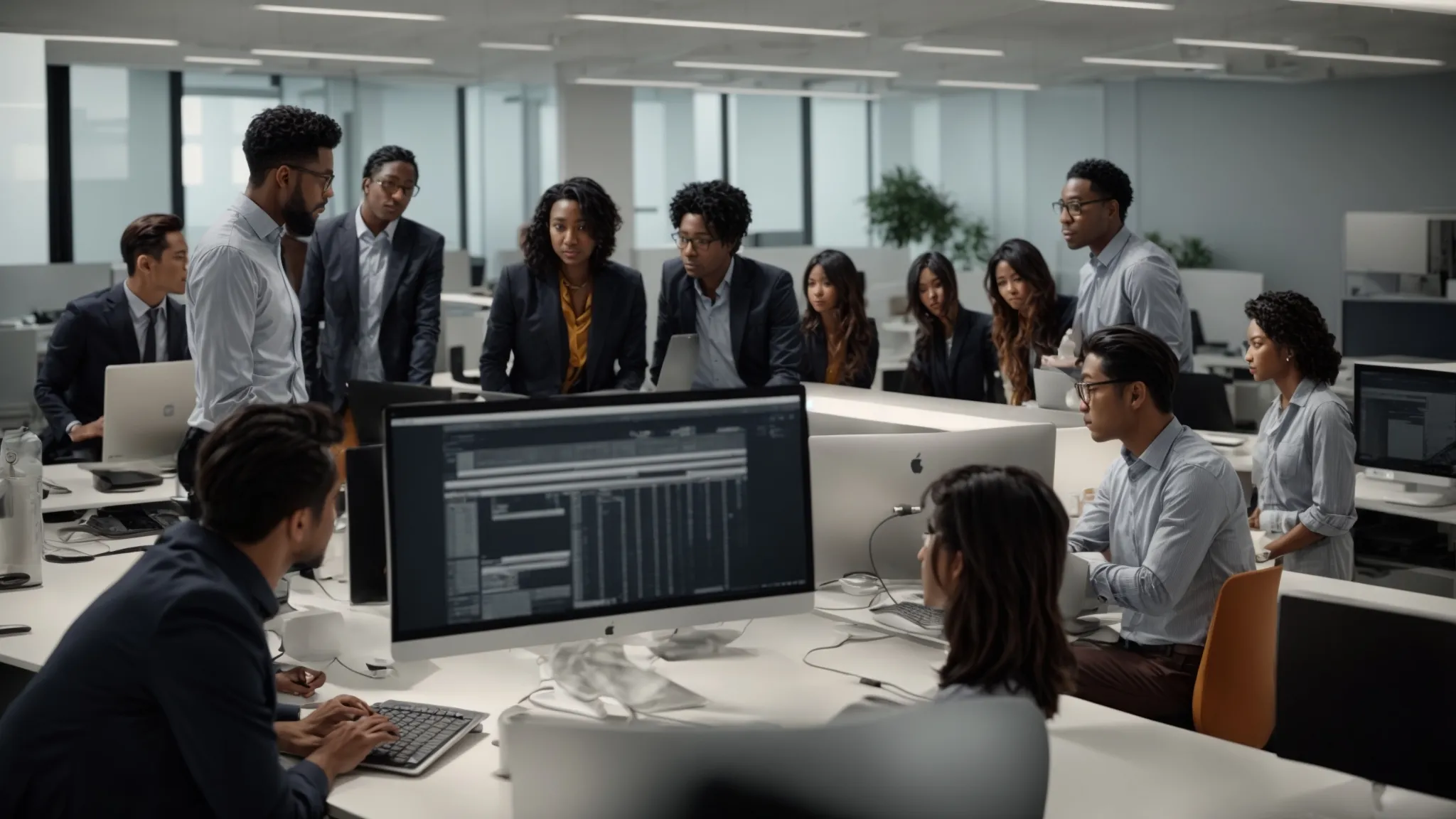 a group of professionals gathered around a computer, discussing strategies in a modern office setting.
