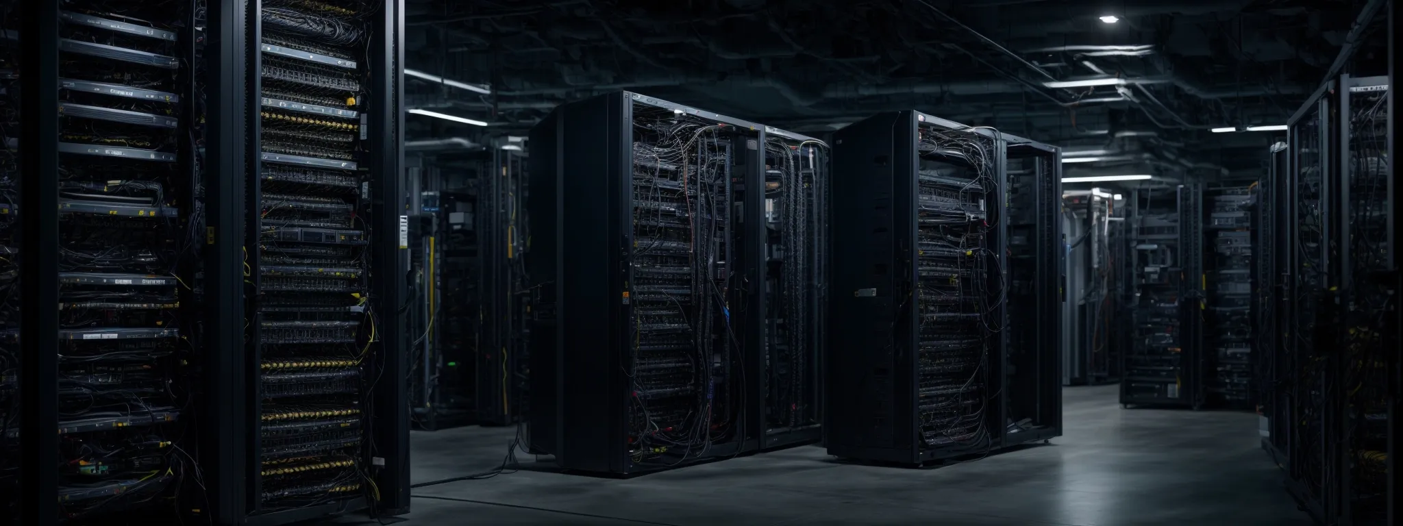 a server room filled with racks of network equipment, symbolizing the backbone of internet infrastructure and the focus on secure web practices.