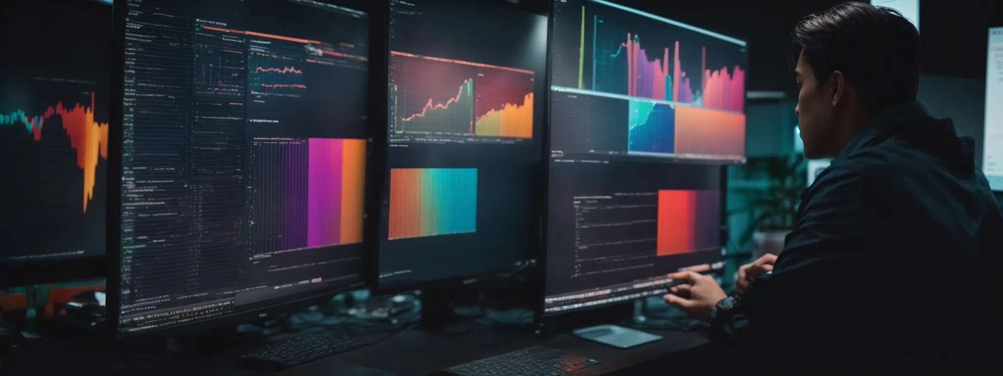 a marketer analyzes colorful graphs on a computer screen, reflecting website traffic influenced by long-tail keyword strategies.