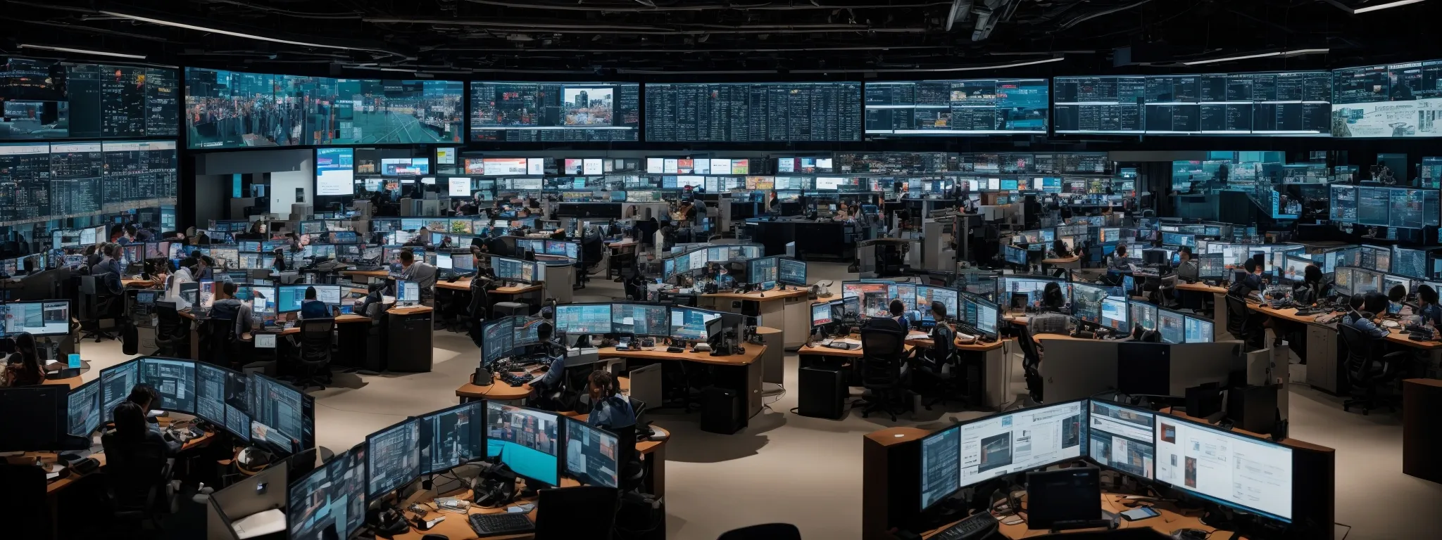 a panoramic view of a bustling social media operations room with multiple screens displaying different social media platforms and analytics.
