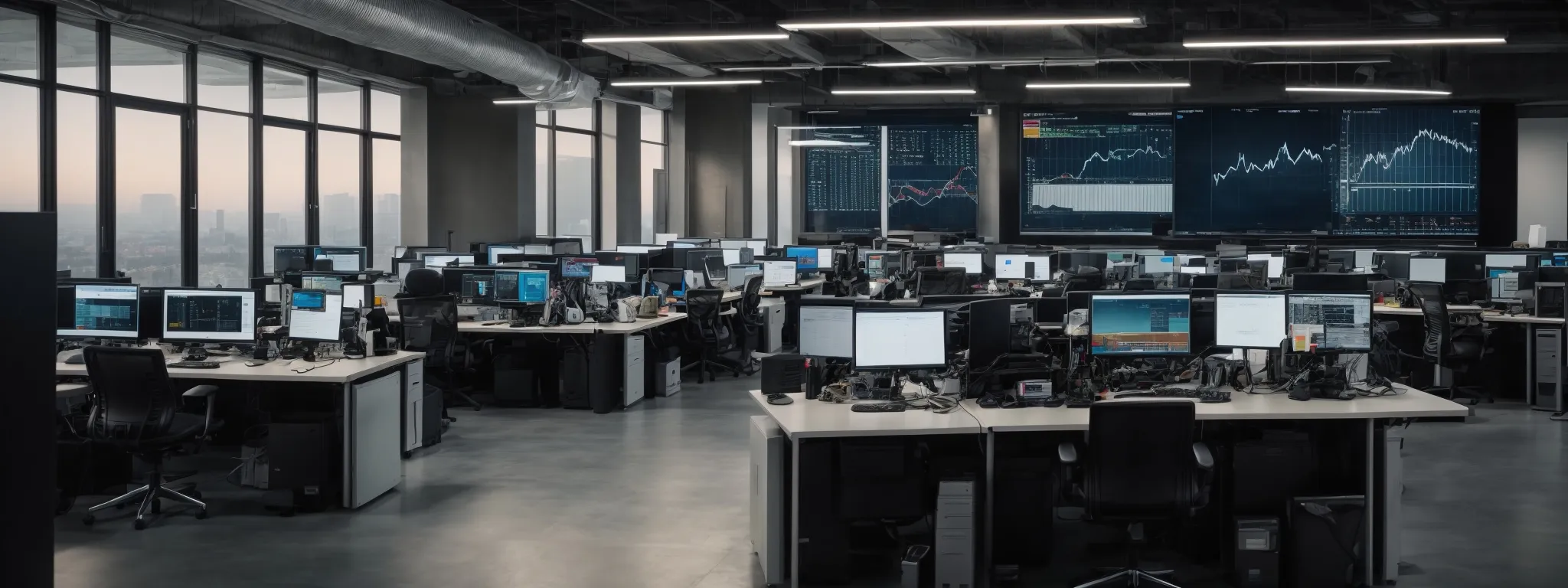 a bustling modern office with computers displaying data analytics and seo metrics.