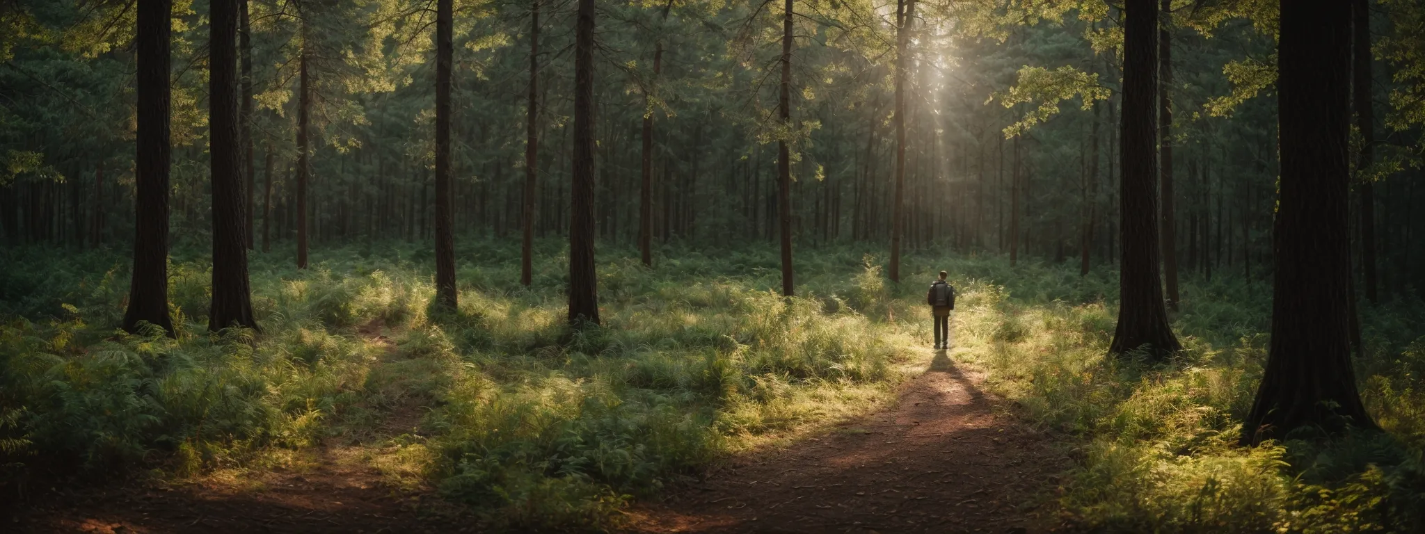 a figure standing at a crossroads in a vast, sunlit forest, contemplating two diverging paths.