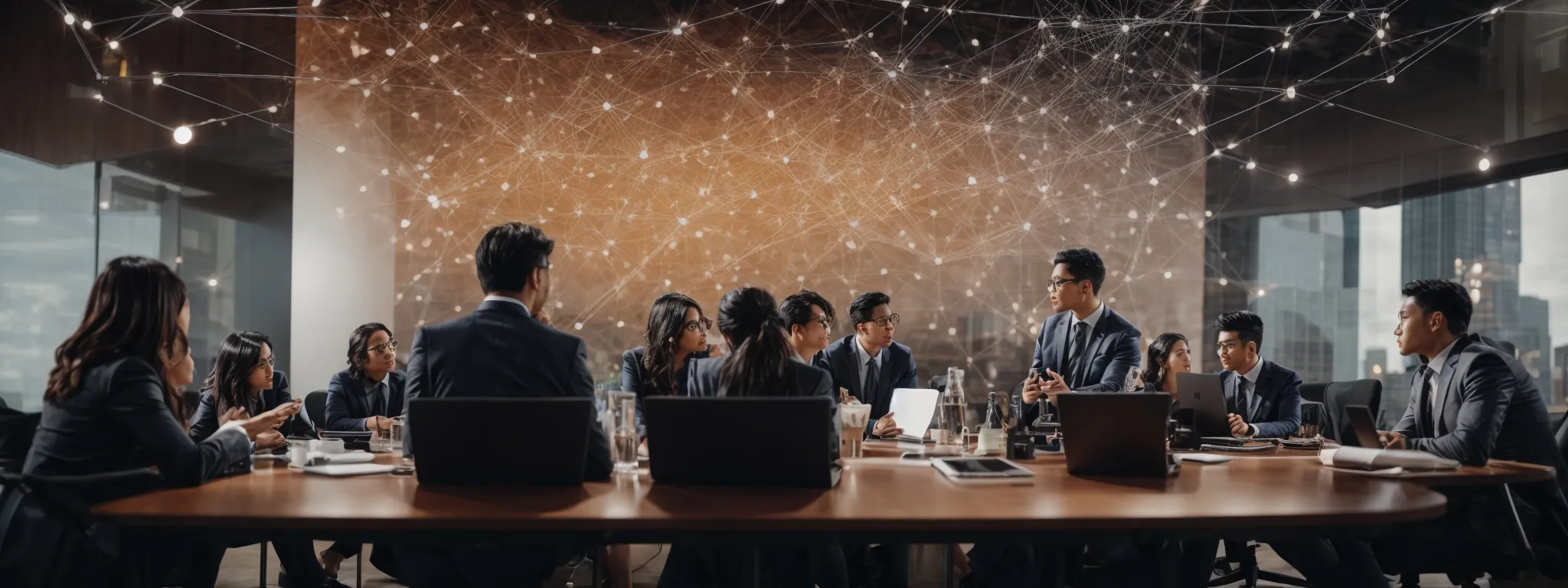 a digital marketing team discusses strategies around a conference table with a backdrop of social media icons and a web of interconnected nodes symbolizing a network.