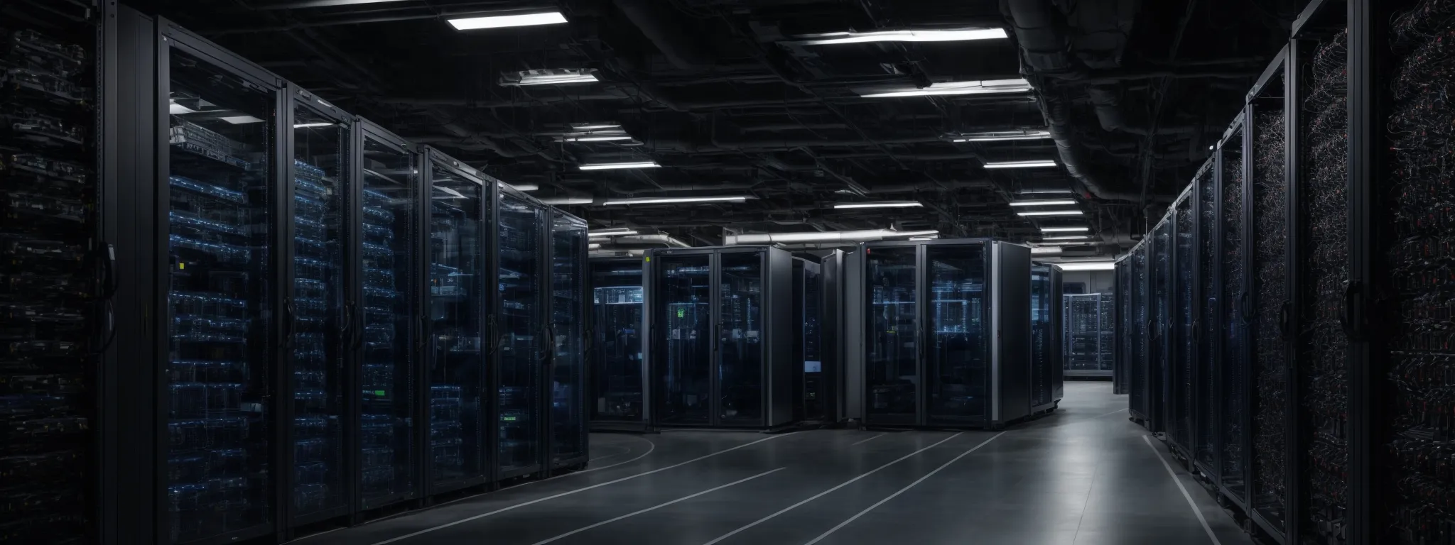 a wide server room with rows of high-tech equipment indicating a technologically advanced infrastructure supporting seo efforts.