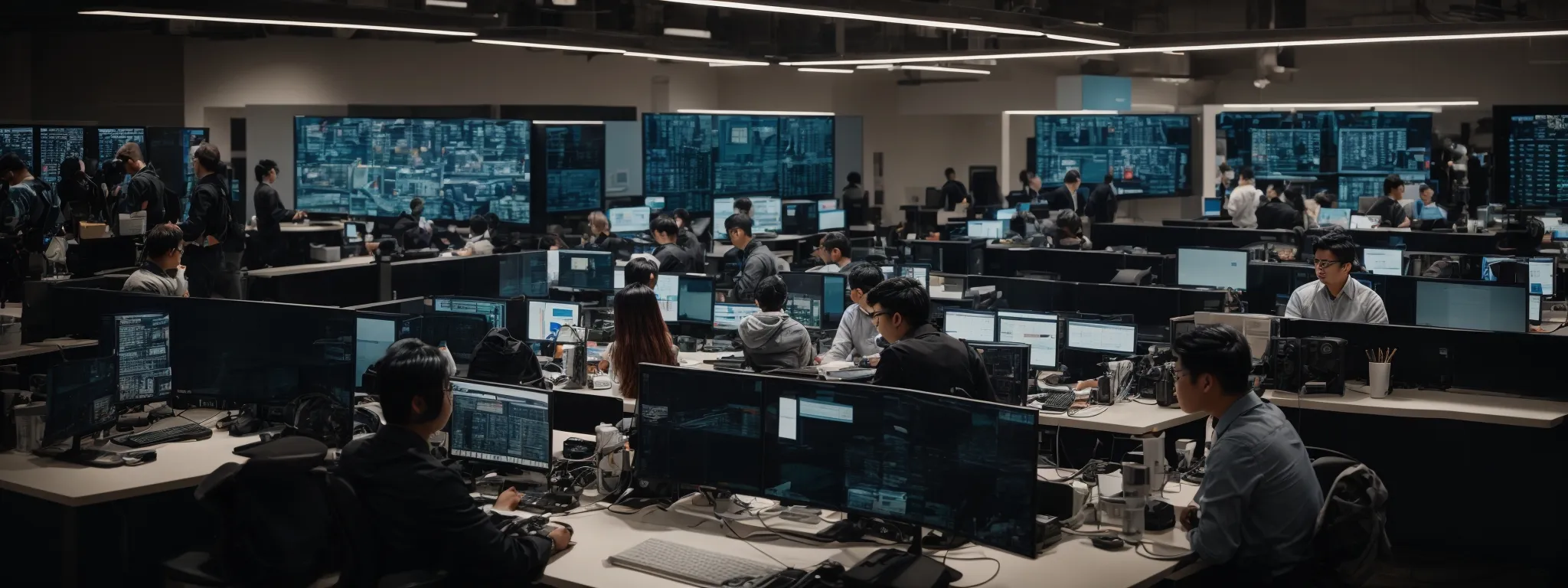 a bustling command center with individuals intently gathered around computers, strategizing and coordinating the complexities of the seo contest.