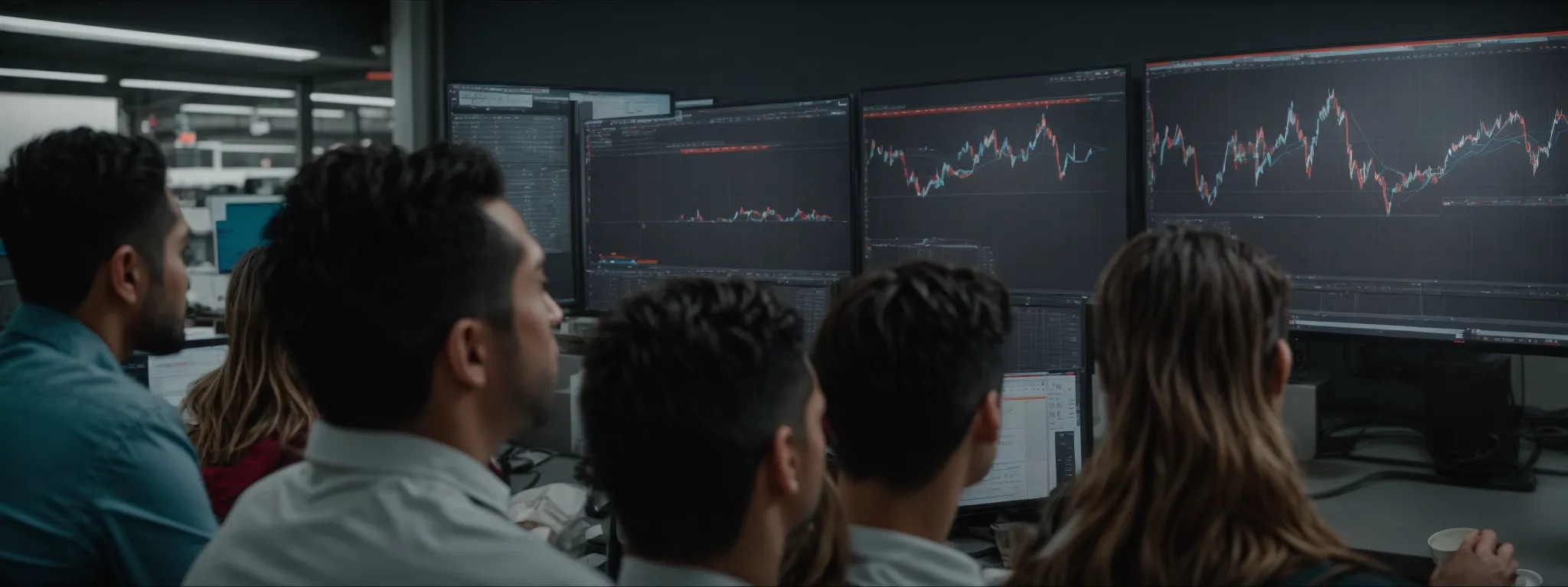 a bustling digital marketing agency team intently analyzing traffic charts on a large monitor, strategizing their next paid advertising move.