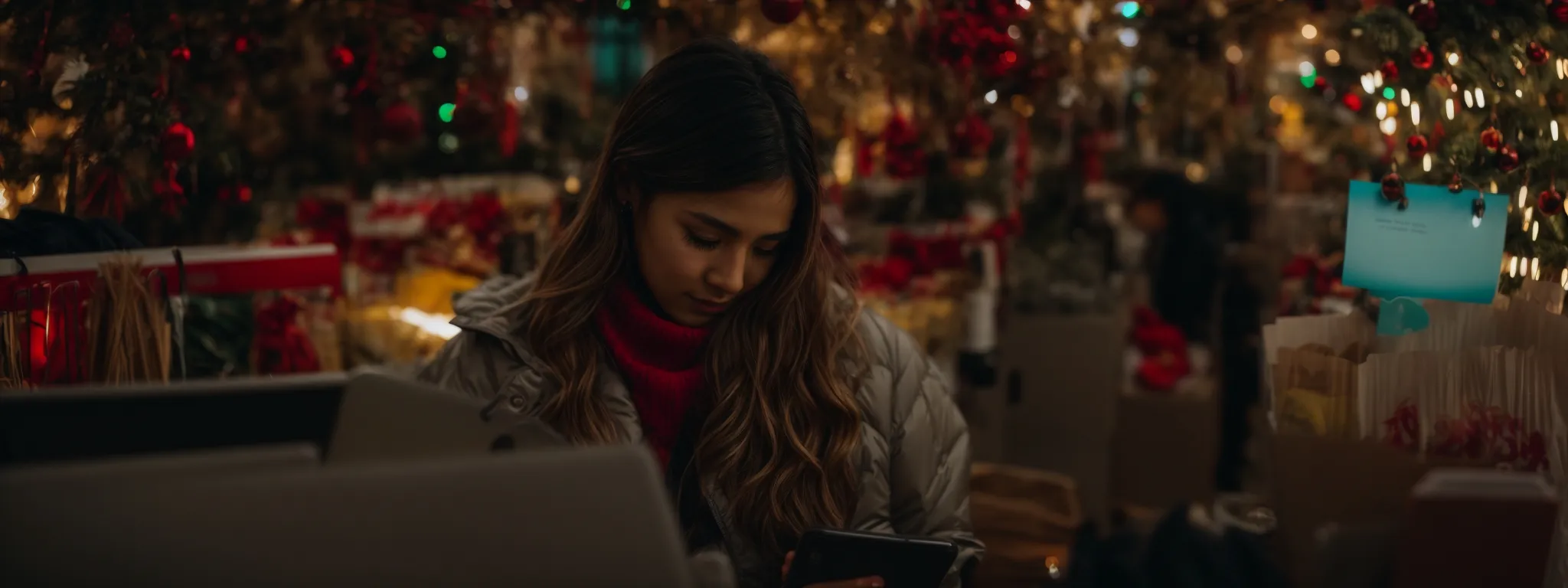 a person shopping on an online store using a smartphone amidst holiday decorations.
