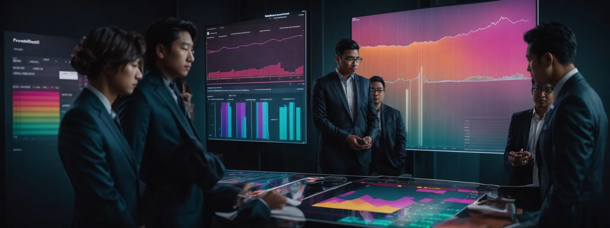 a group of professionals gathered around a modern touchscreen display showing colorful graphs and sales forecast models.