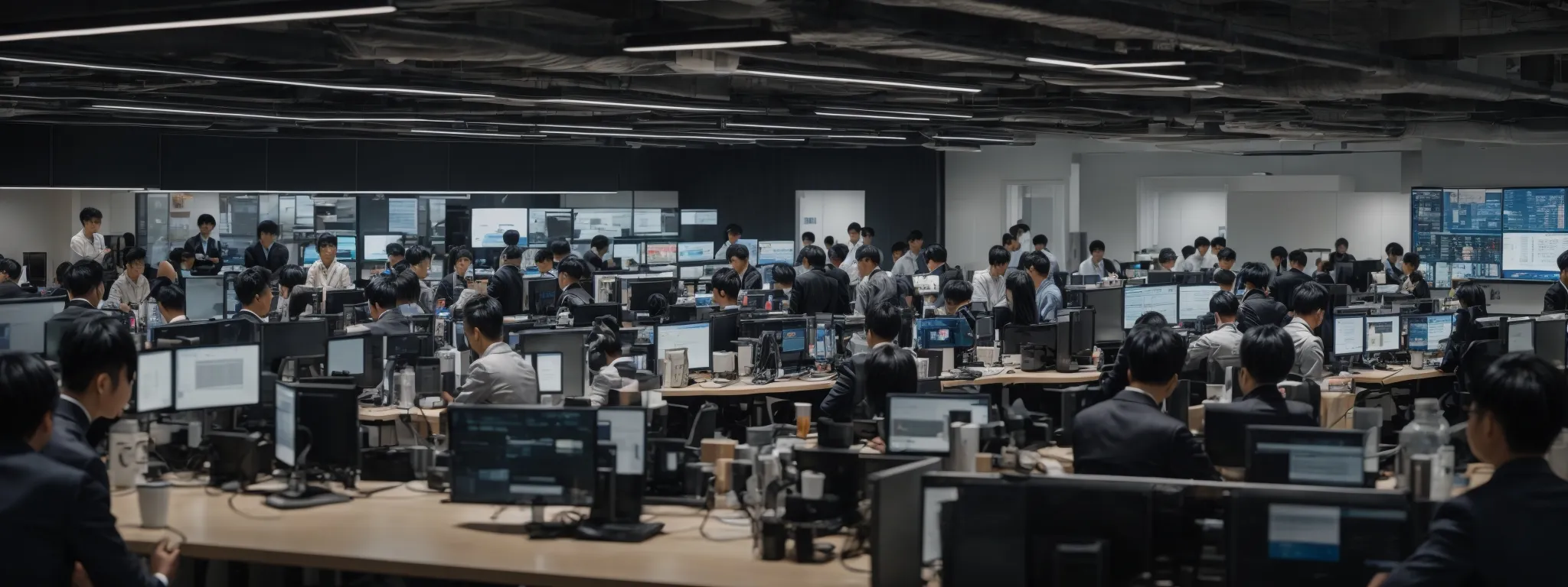 a bustling tech hub office with marketers strategizing around a large digital screen displaying multiple chinese social media platforms.