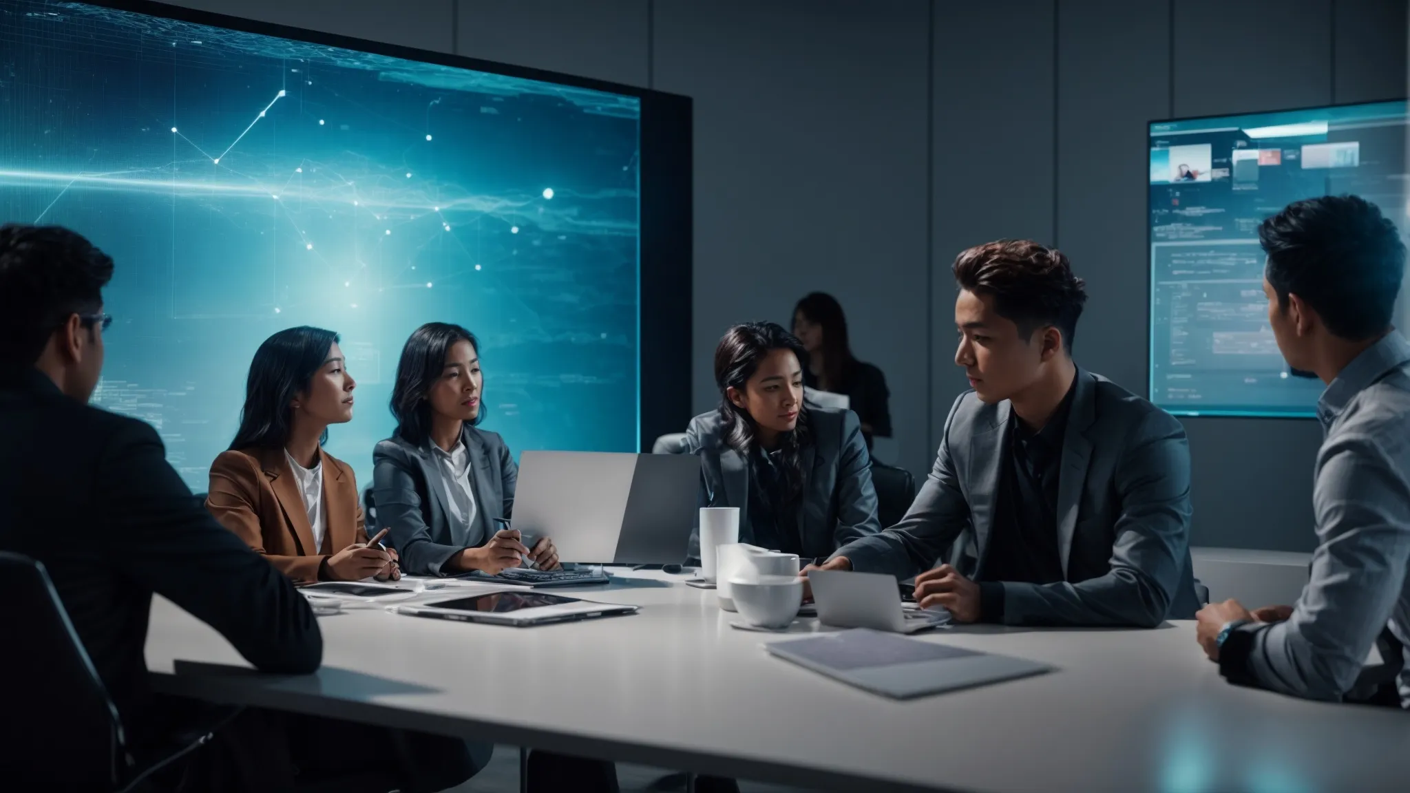 a brainstorming session with creative professionals surrounding a futuristic holographic display of a marketing campaign.