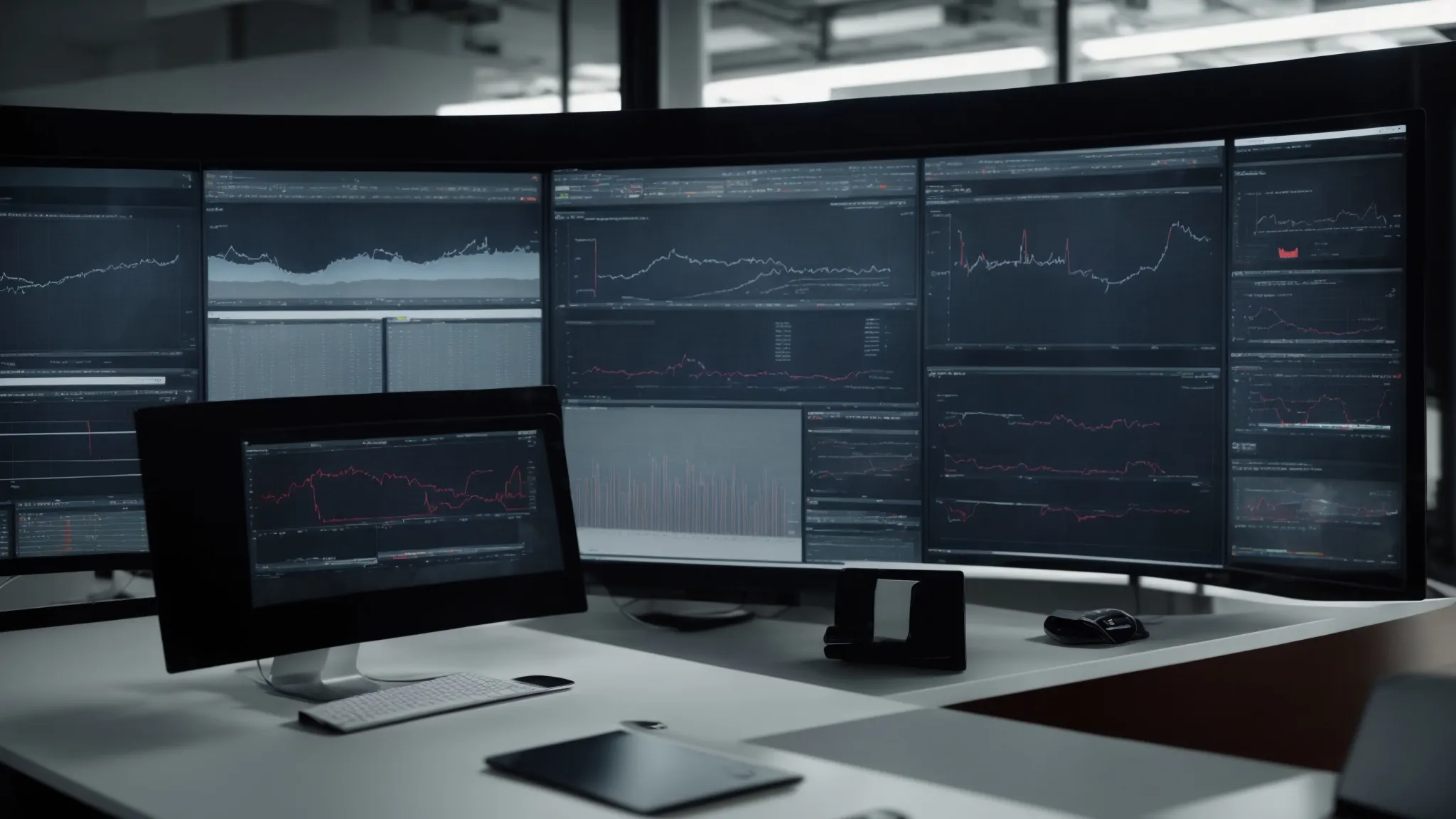 a focused individual examines a dense analytics dashboard on a large monitor in a modern, sleek office.