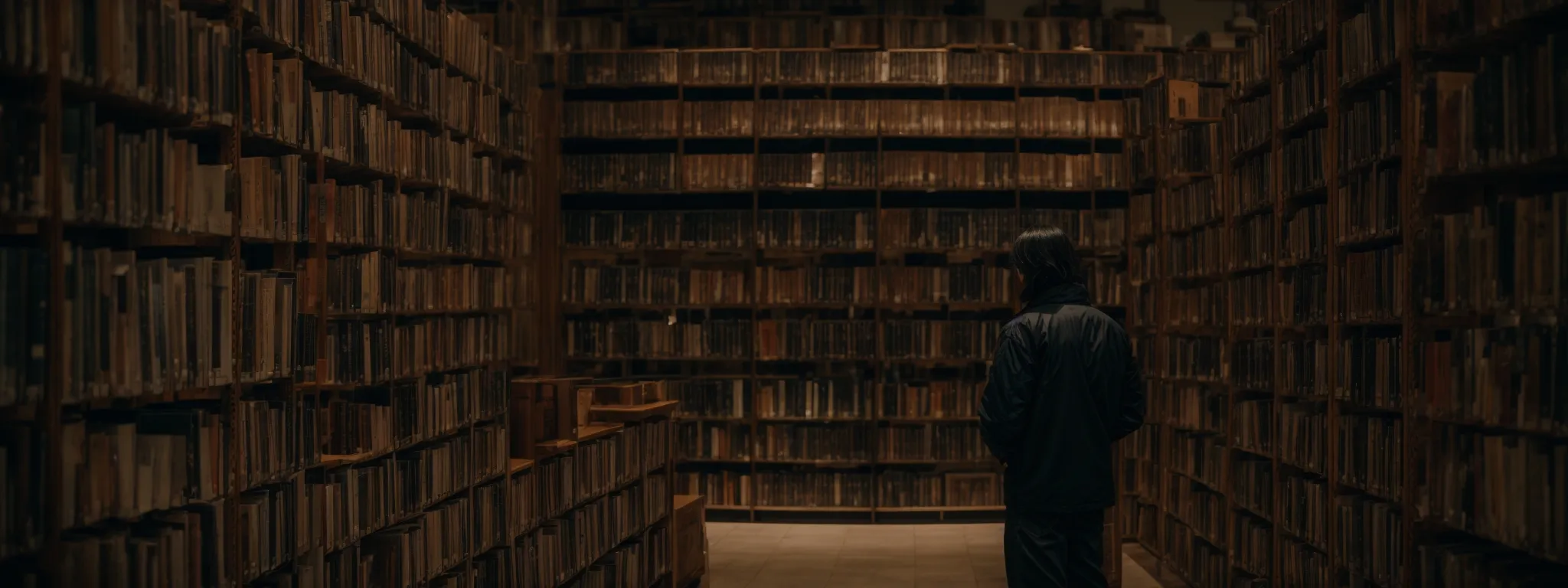 a person stands before a vast library of books, eyes fixed on a singular captivating spine.