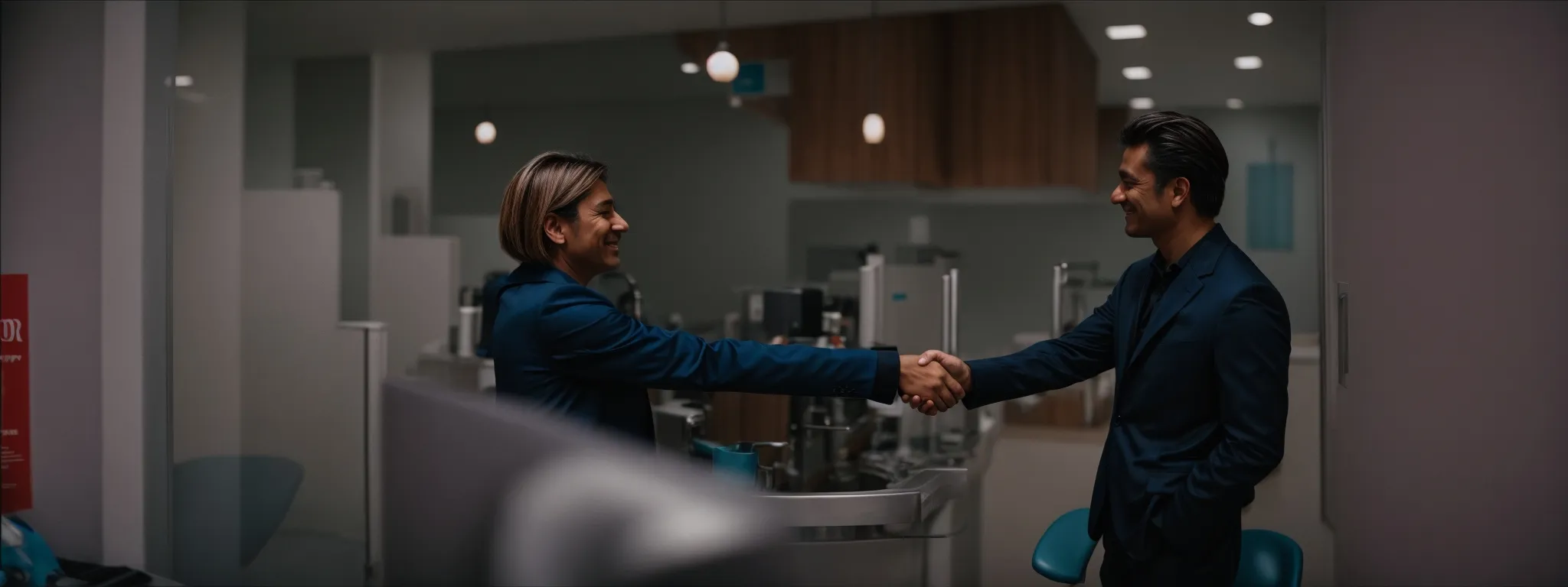 a dental professional shaking hands with a partner outside a modern dentist's office.
