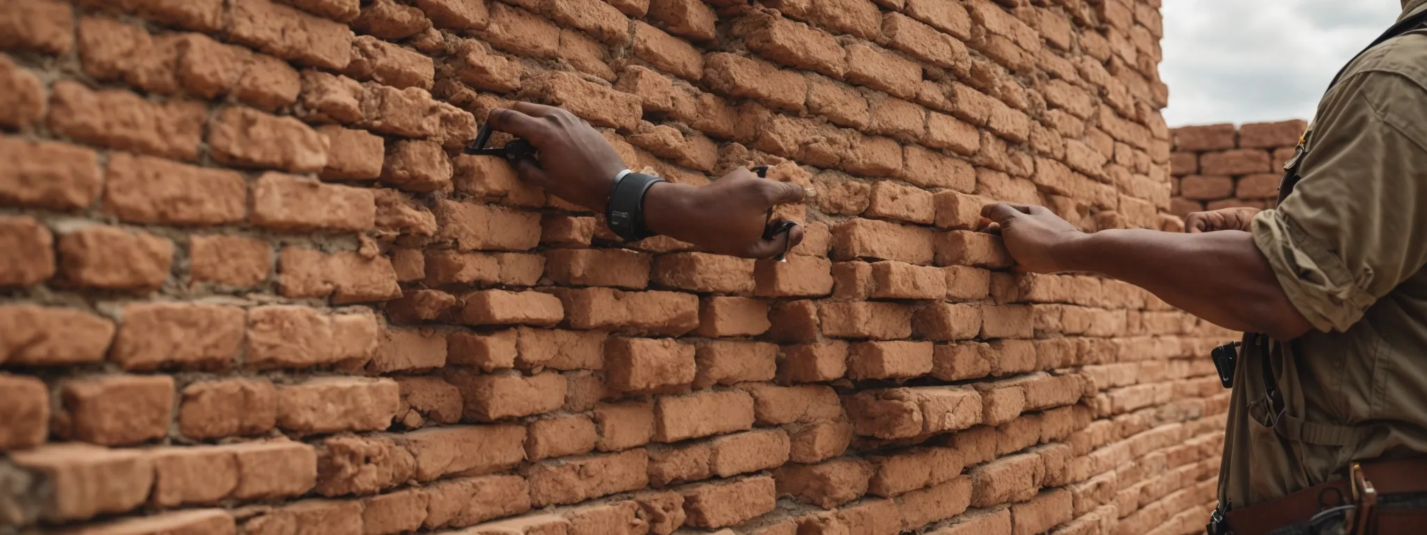a construction worker carefully aligns bricks to create a sturdy, level wall, symbolizing the careful structuring of on-page local seo for robust online visibility.