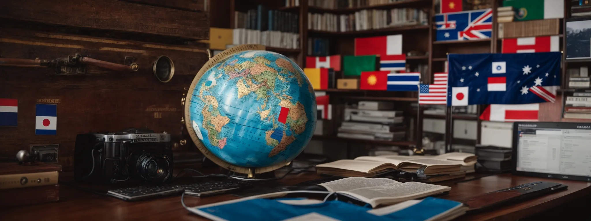a globe surrounded by a computer, a dictionary, and a set of international flags, symbolizing global communication and digital connectivity.