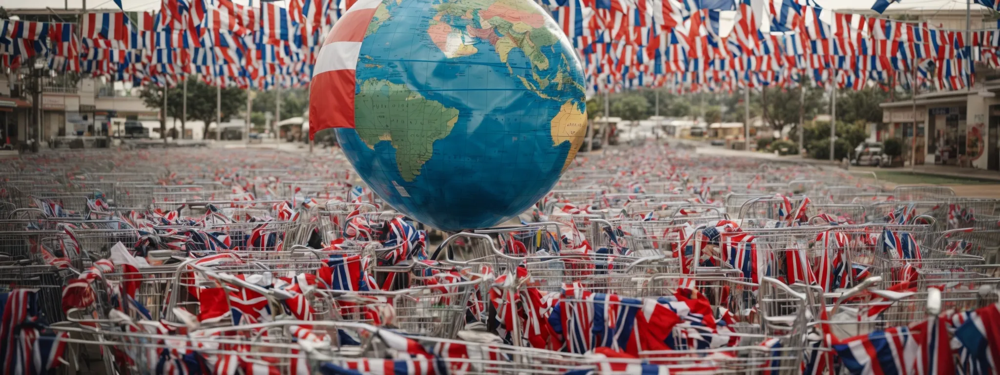 a globe surrounded by shopping carts and flags representing various countries.