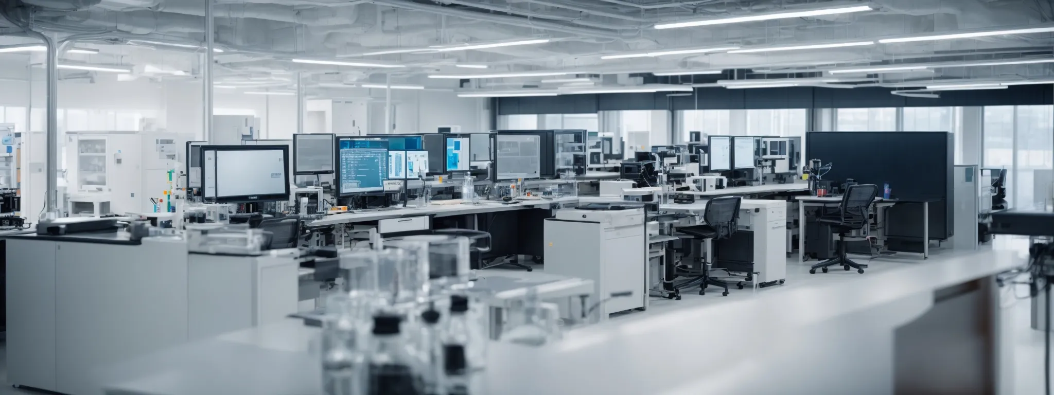 a modern laboratory with advanced computer setups where researchers collaborate on innovative technology projects.