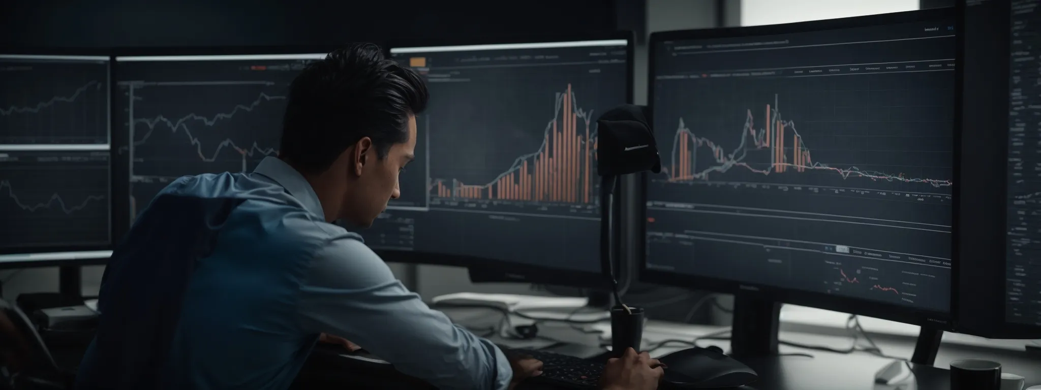 a focused individual analyzing charts and graphs on a large monitor that displays website data and seo metrics.