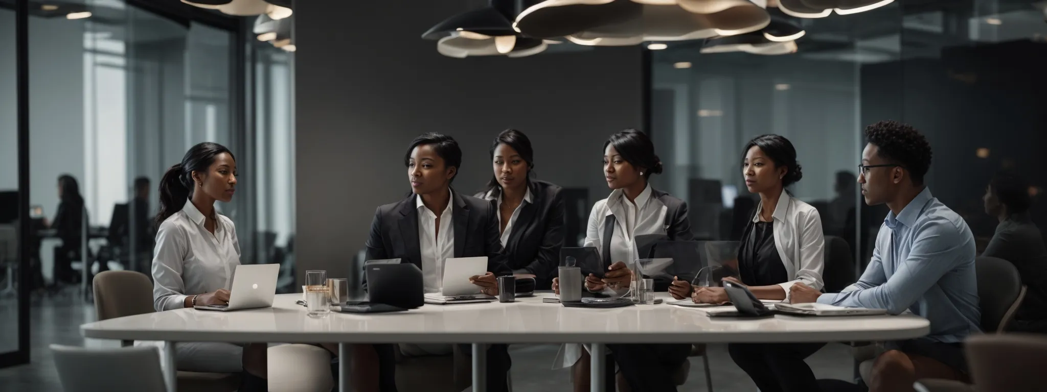 a diverse group of business professionals collaboratively discussing strategic choices around a meeting table with both physical servers and cloud graphics symbolizing the contrast in deployment models.